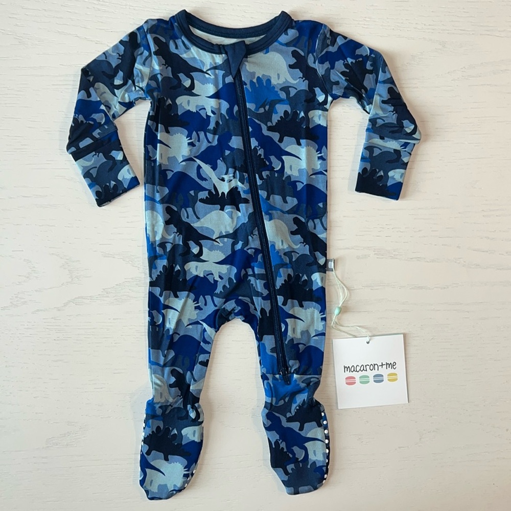 Macaron + Me Camo Dinosaur Navy Blue Bamboo Footie 0-3 3-6 6-9 months